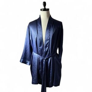 VICTORIAS SECRET Womens Blue Satin Robe One Size Tie Waist Kimono Sleeve